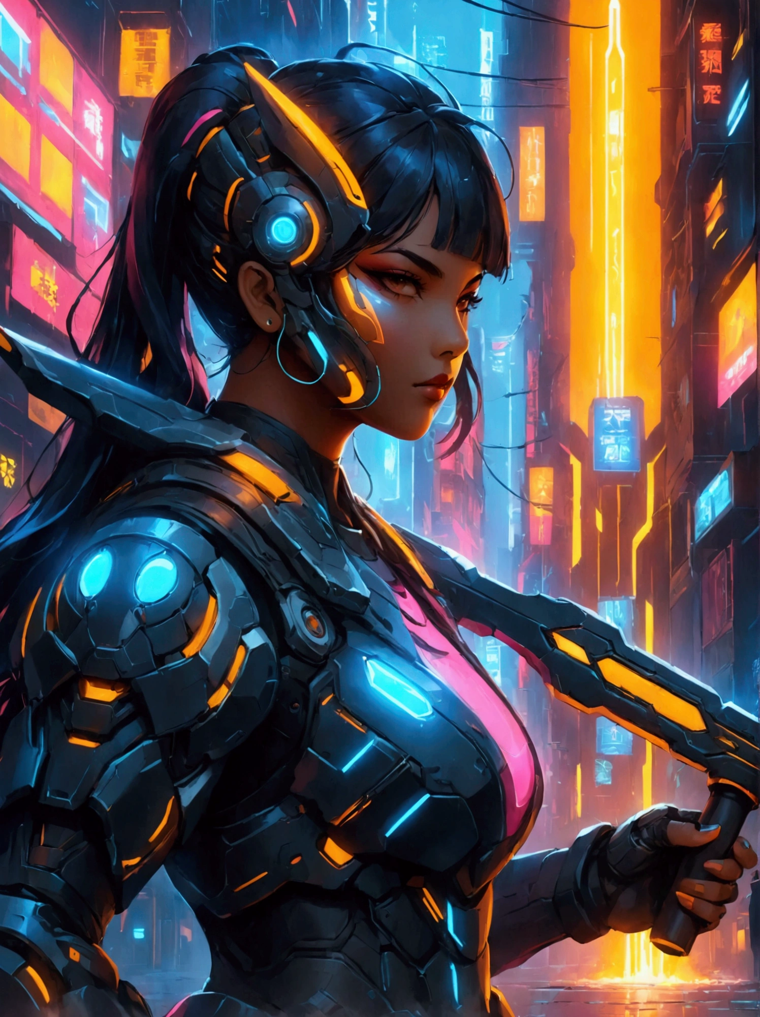 A futuristic warrior, resplendent in glowing armor of vibrant neon shades, stands poised in an active, dynamic stance. The warrior, whose descent is South Asian and gender is female, grasps a light-emanating sword with an air of readiness and intensity. The scene captures the aesthetics of cyberpunk, painted digitally with bold, adventurous brush strokes that mimic the flow and urgency of the situation. Billows of energy erupt around her, as if the city nightscape itself is reacting to her presence. It's a whirlwind of luminosity and avant-garde futurism, encapsulating a cyberpunk warrior's resolve in the face of adversity