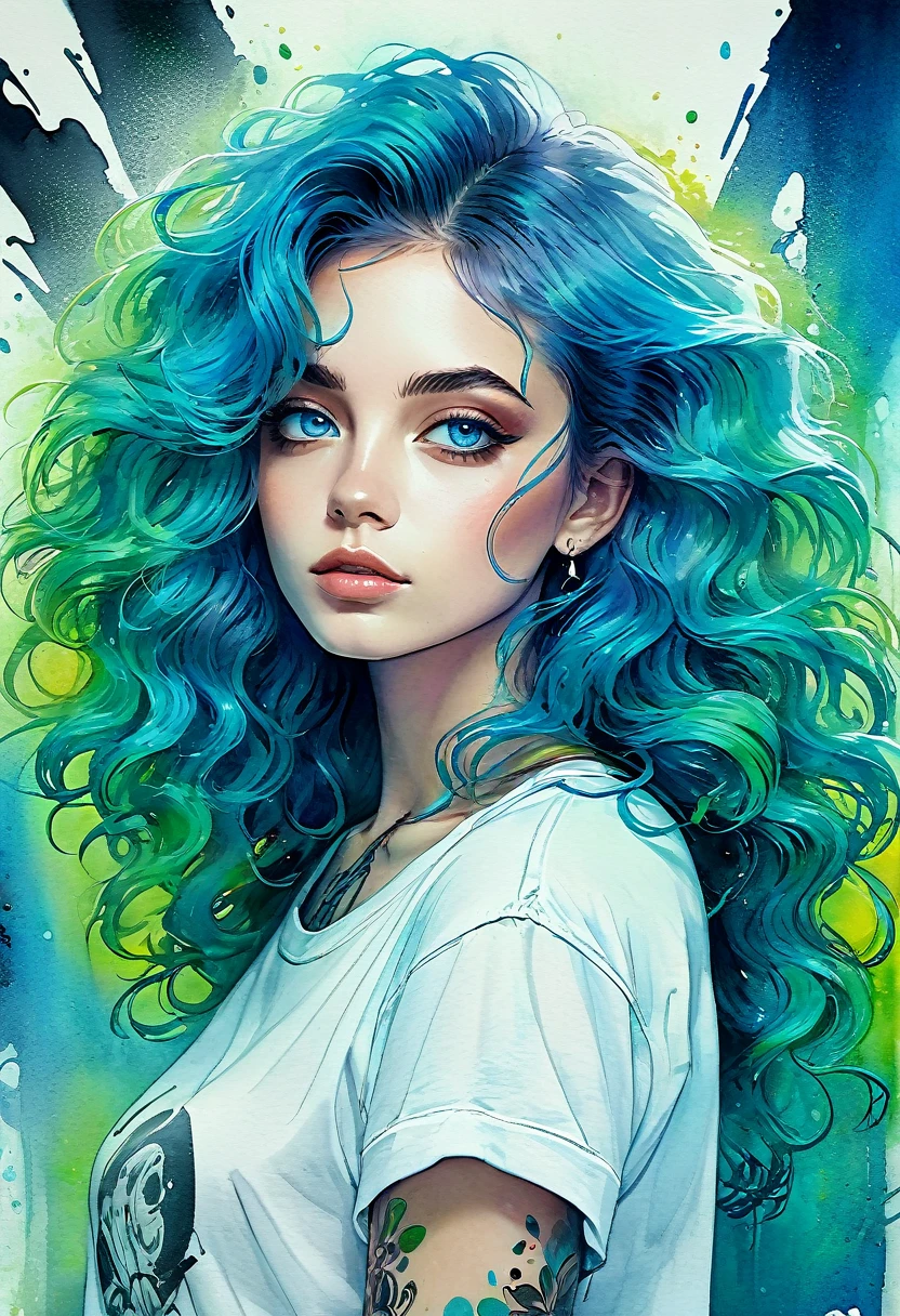 best quality,watercolor,ink,Oil Pen,painting,Upper body portrait,The original essence of the tattoo street style icon,Rebellious energy,Wear an oversized t-shirt with a logo,Vibrant graffiti as background,Avant-garde fashion,Feeling,Confident appearance,Colorful hair,light through the mist,(1 girl),Long curly hair,blue eyes,A small smile