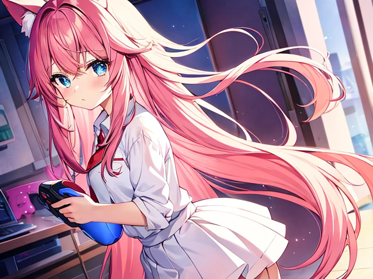 cute anime girl holding a pink video game controller in a room, anime catgirl,a girl wear white shirt and red tie and wear tight white skirt,cute anime catgirl, anime girl with cat ears, blue eyes,flat anime style, nekomimi, lofi girl, catgirl, anime vibes, soft anime illustration, ddlc, girl with cat ears, anime style. 8k, pink straight hair, long bubblegum hair, pink wispy hair, long pink hair, long flowing pink hair, flowing pink hair, wear white skirt, anime girl with long hair and cyan eyes,and wear a tight white shirt and red tie and white skirt, ,digital anime illustration, anime room with a computer, a desk, anime background art, background art, anime aesthetic, personal bedroom background,gaming girls bedroom background, kawaii aesthetic, anime background, lofi girl aesthetic, girl wear white skirt, anime vibes, lofi artstyle, beautiful kawaii lighting, lo-fi illustration style, lofi aesthetic, interior background art, cute detailed digital art, glowing aesthetic, wear white skirt