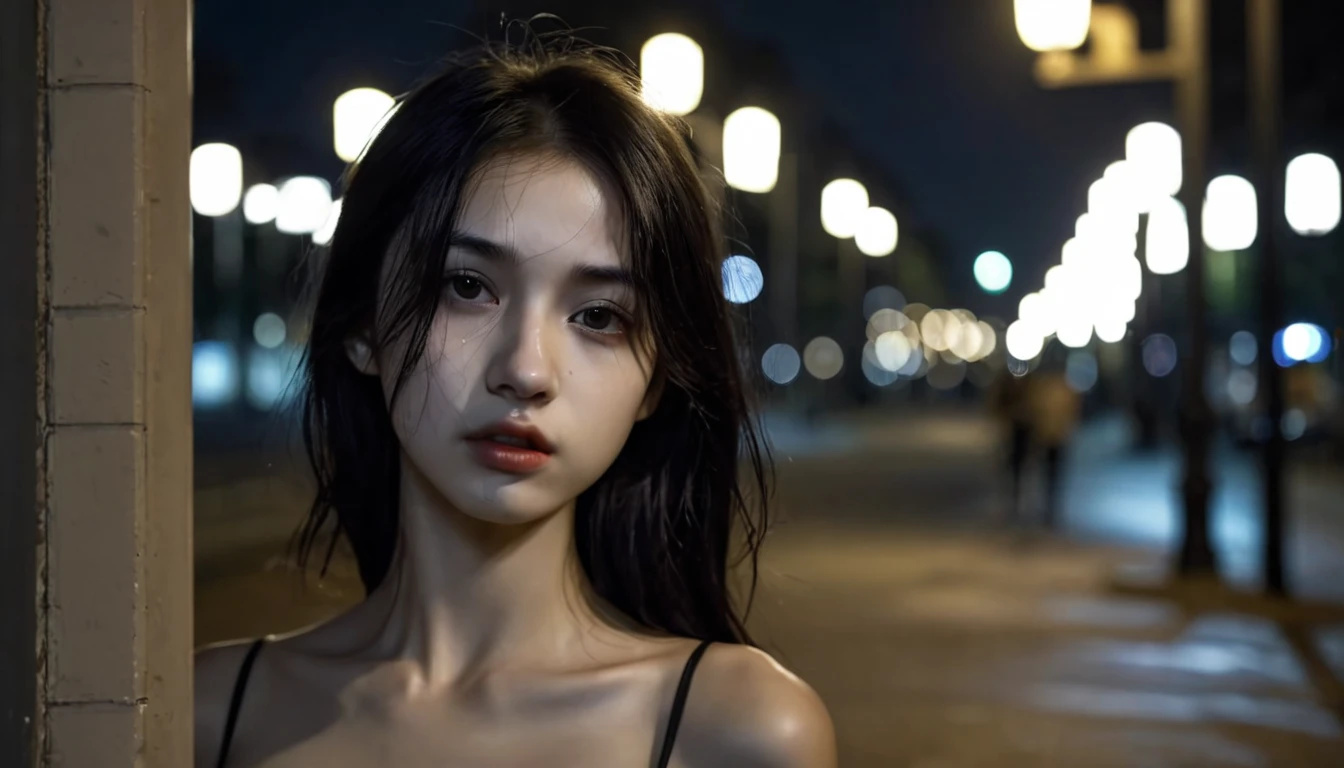 solo,realistic,lips,black hair,collarbone,closed mouth,Beside the outdoor street,the dim light of the street lamps at night shines on one side of the face,1girl,absurdres,(Looking at the camera:1.2),