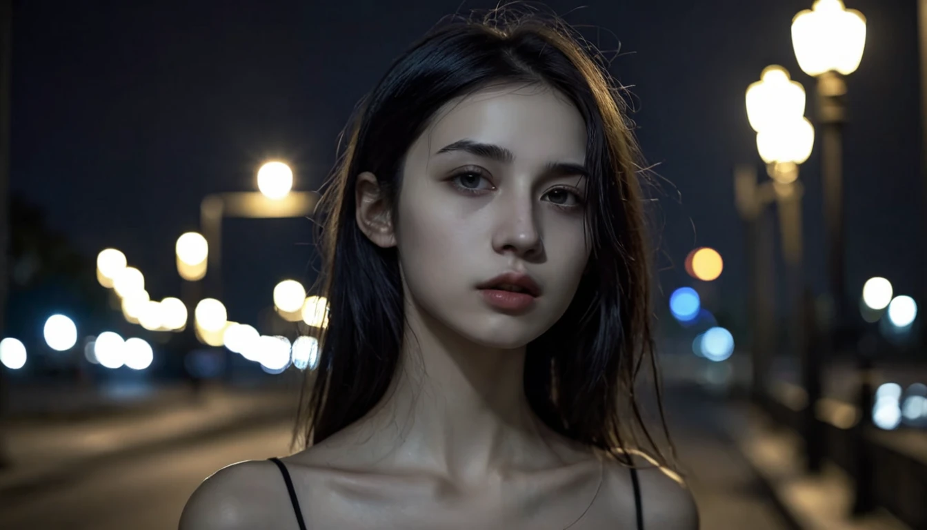 solo,realistic,lips,black hair,collarbone,closed mouth,Beside the outdoor street,the dim light of the street lamps at night shines on one side of the face,1girl,absurdres,(Looking at the camera:1.2),