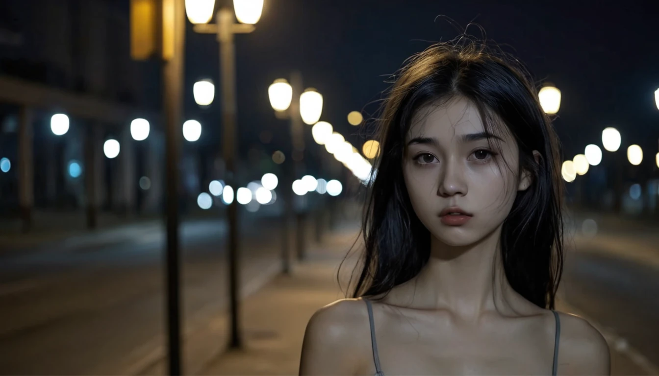 solo,realistic,lips,black hair,collarbone,closed mouth,Beside the outdoor street,the dim light of the street lamps at night shines on one side of the face,1girl,absurdres,(Looking at the camera:1.2),