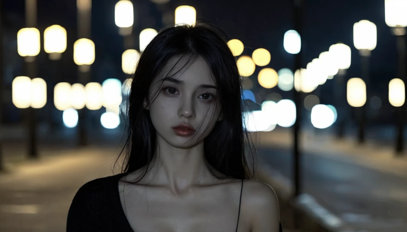 solo,realistic,lips,black hair,collarbone,closed mouth,Beside the outdoor street,the dim light of the street lamps at night shines on one side of the face,1girl,absurdres,(Looking at the camera:1.2),