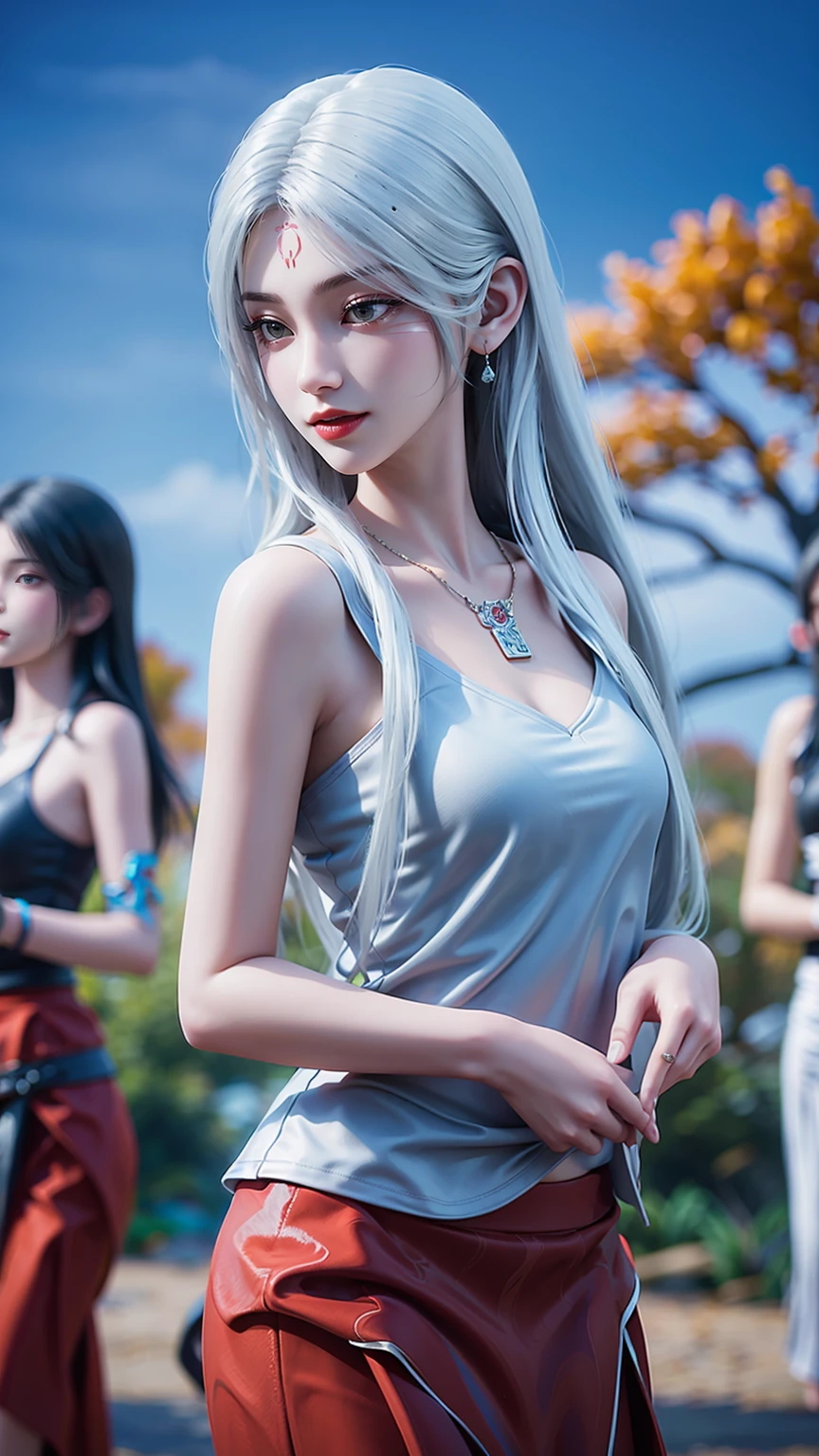 best quality, Ultra-high resolution, (Reality:1.4), 1 Girl, Sleeveless white shirt, Bare shoulders, Red Skirt, Black necklace, Lovely, (Korean Idol), (Egiosar:1), (Platinum blonde hair:1), ((Puffy eyes)), Looking at the audience, whole body, Facing forward, Smile
