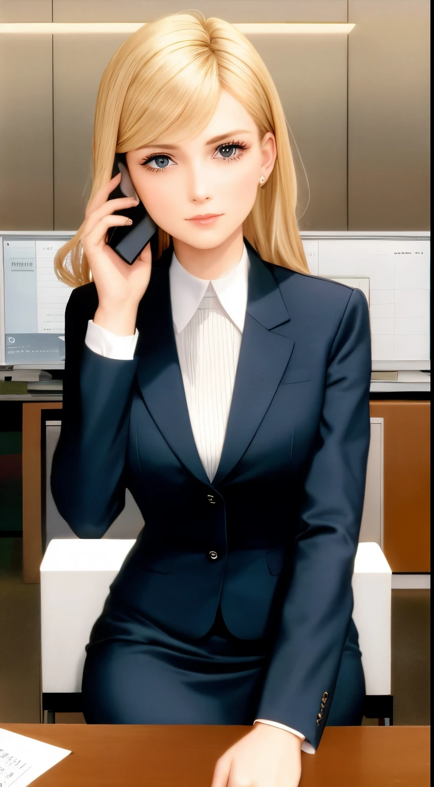 /draw blond woman sitting at desk talking on telephone with computer monitor, 1 9 8 0 s business fashion, business woman, 1 9 8 0 s woman, woman in business suit, young business woman, denis velleneuve, female in office dress, sat at her desk, female lawyer, wearing a strict business suit, serious business, working hard, portrait of kim wexler