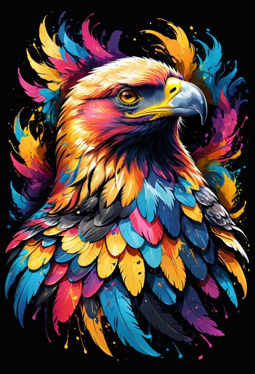 A t-shirt with vector art of a colorful golden eagle illustration, At the center, swirly vibrant colors, paint splashes and smears, high détail,black backdrop
(artwork, best quality, proffesional, perfect composition, very aesthetic, absurdrez, super verbose, Intricate details:1.3)
