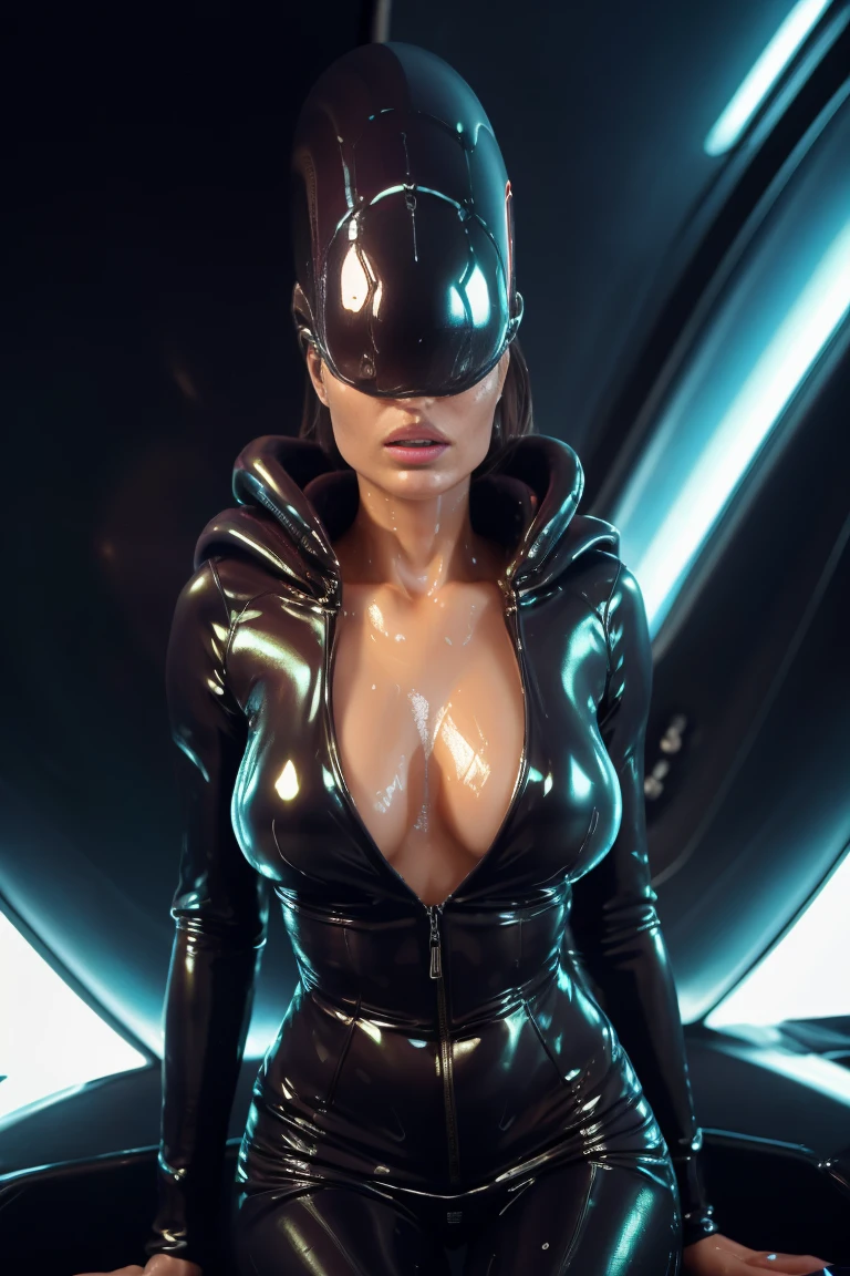 (8K, Ultra-high resolution, Top quality masterpiece, Professional detailed wallpapers, The ultimate attention to detail, Anime Images, Game CG),The perfect human body、Realistic and detailed,Nose and mouth are visible,Eyes are hidden by a mask,(((Dripping Sweat、Oilskin,Glowing Skin、Realistic skin texture、Beautiful skin in every detail、Shiny skin、Shiny skin))) big , burst, There is cleavage in the chest, Huge breasts , Very perfect anatomy body parts, Very perfect,(Full Shot: 1.8),Beautiful alien woman、 Black latex oil shiny full bodysuit、 Alien tentacle tail,Inside the spaceship,cockpit,((Beautiful Caucasian alien face close up))Angelina Jolie,