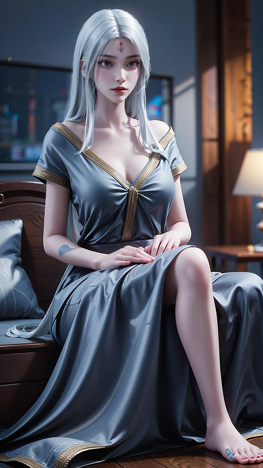 a beautiful young woman with long hair, wearing a nightgown, sitting on a bed, barefoot, in a dress, lying on her side, cross-legged, full body shot, (best quality,4k,8k,highres,masterpiece:1.2),ultra-detailed,(realistic,photorealistic,photo-realistic:1.37),beautiful detailed eyes,beautiful detailed lips,extremely detailed eyes and face,longeyelashes,natural lighting,warm tones,soft focus,portraits,chiaroscuro,depth of field
