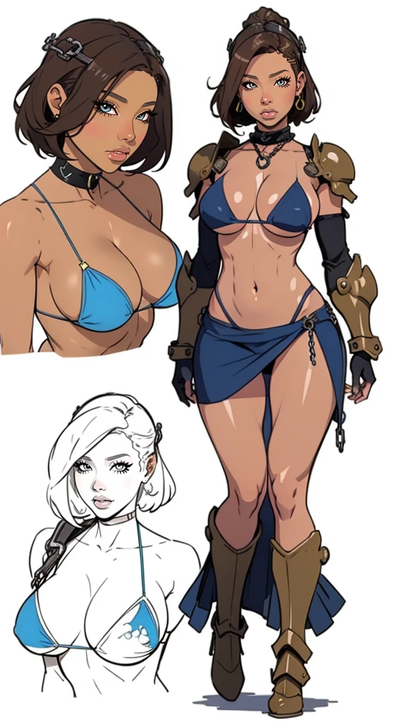 ((masterpiece)),(((best quality))),((character design sheet)), ((full body view)) illustration,Catalogue of sex slaves,1girl, thick thighs, ((detailed face:1.4)) promiscuous sex friend, rough sketches, between breasts,big breasts,vaginal secretions,((sexy biopunk bikini armor, sexy armored skirt )) and Chain of sex slaves,hair accessories,seductive grin smug,solid color backdrop, clean backdrop,