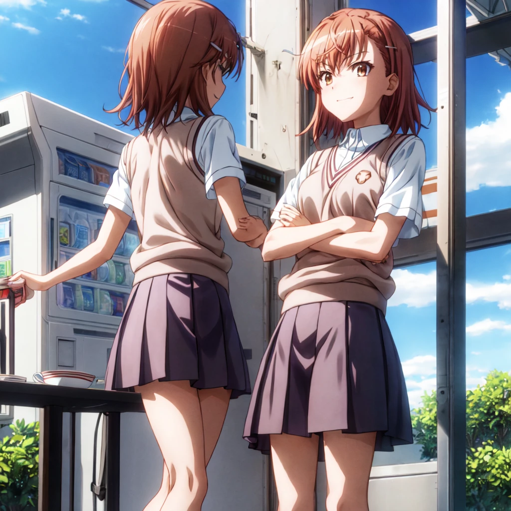 superior_Mikoto, One Girl, alone, School_uniform, tokiwadai_School_uniform, smile，sweater_Best, masterpiece，Electric current is flowing through the body，skirt, brown_sweater_Best,Laughter、Schools、Arms crossed，Blitzkrieg，vending machine