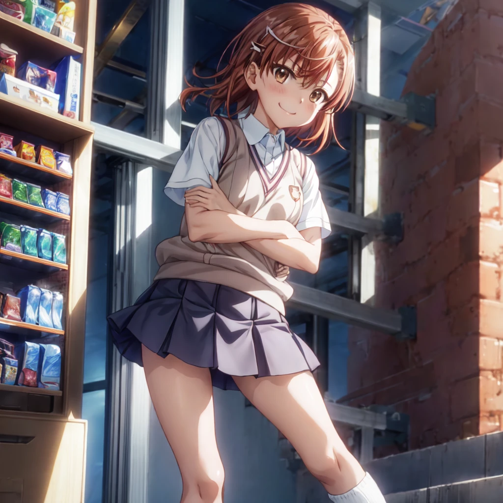 superior_Mikoto, One Girl, alone, School_uniform, tokiwadai_School_uniform, smile,sweater_Best, masterpiece,Electric current is flowing through the body,skirt, brown_sweater_Best,Laughter、Schools、Arms crossed,Blitzkrieg,vending machine
