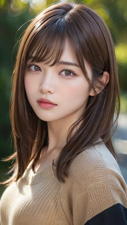 (Masseter muscle area:1.0)、(8K、Photorealistic、RAW Photos、Highest quality: 1.4)、(1 Girl)、Beautiful Face、(A vivid face)、(Light brown hair:1.5)、(Medium Hair)、Beautiful hairstyle、(One eye is hidden by bangs:1.5)、Realistic brown eyes、Beautiful details、(Realistic looking skin)、Beautiful Skin、(Black sweater)、Absurd、charm、Embarrassing、Ultra-high resolution、Surreal、High detail、Golden Ratio