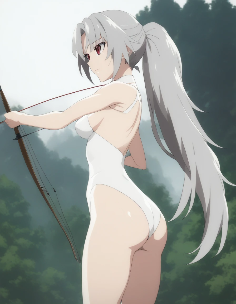 1 girl, windy forest background, shiny backlight, battle scene, bowing arrow, volumy long ponytail, silver hair, red eyes, middle breasts, her hair is fluttering down, white fantasic leotard outfit, white long loincloth,brown belts, long Quiver of Arrows behind back, strongly draw the bowstring shooting arrow, holding bow,open legs,open thighs, arched back, scerious, aiming, gazing, cowboy shot, looking side, masterpiece, best quality, general, rotated composition, 