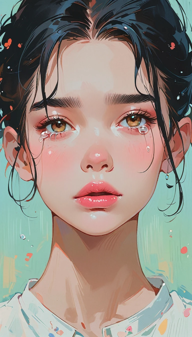 (masterpiece、Highest quality: 1.2)、1 girl、Lonely、Anime Style、Black Hair、Pink Lips、Elf、sad、tears、In the style of a leading portraitist、Light blue background。