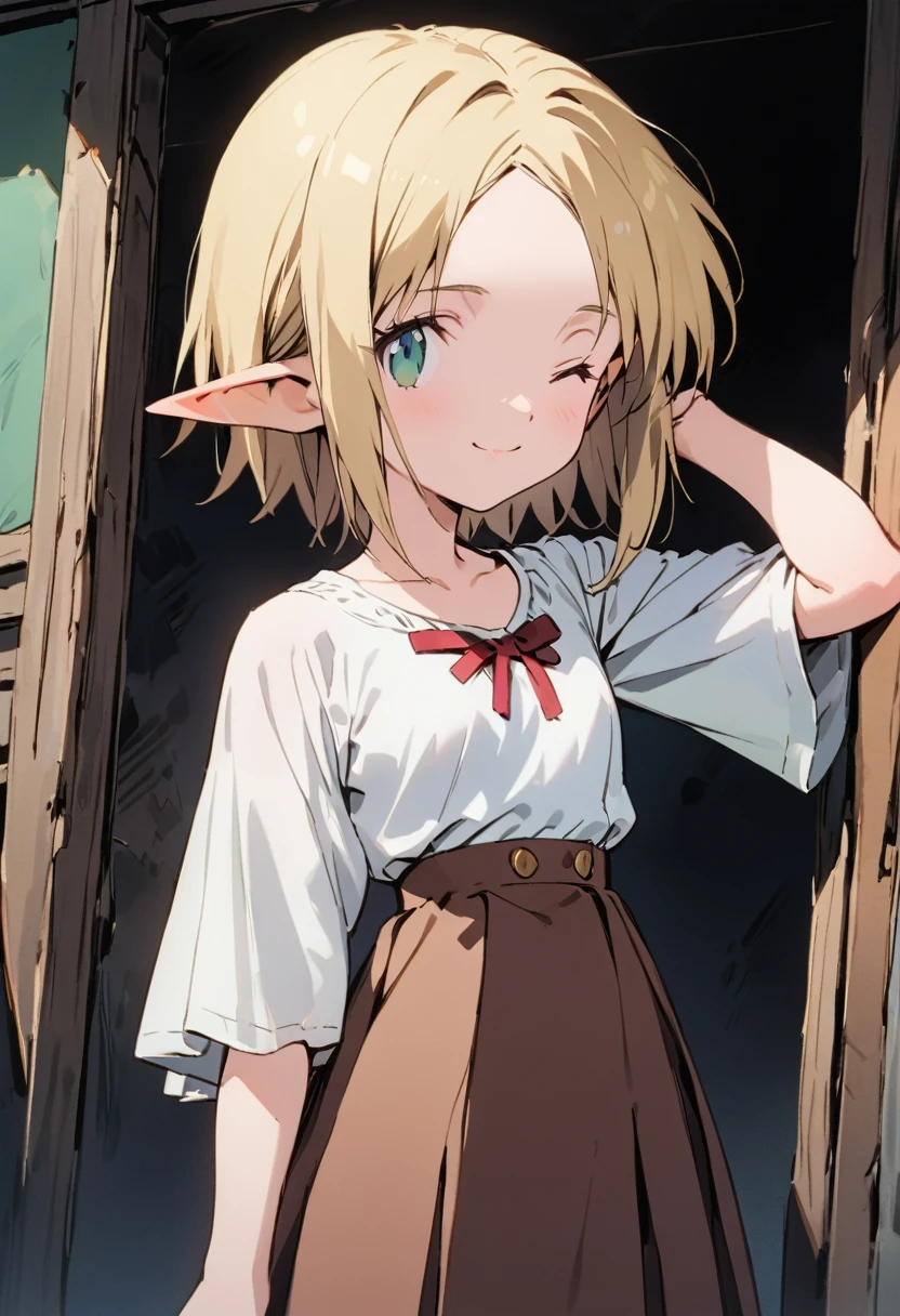 ((masterpiece,High resolution,Highest quality,8K,Detailed faces and anatomy))
(One ELF girl,quiet,10 years old,Blonde Bob Hair,No bangs,Wide forehead,Center Part,Beautiful hair quality,Transparent skin,Big green eyes,Petite,Small breasts,Slim body)
((White blouse,Brown Gored Skirt,Brown boots))smile,Close one eye