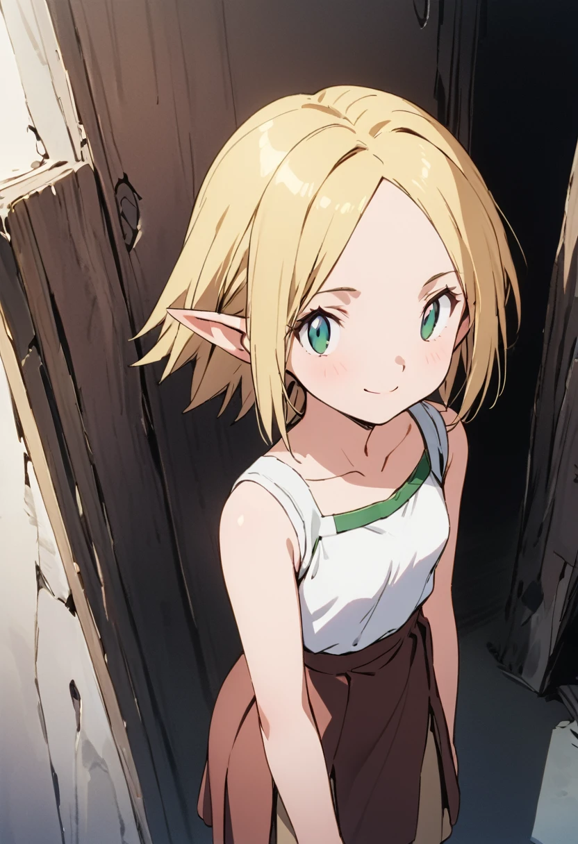 ((masterpiece,High resolution,Highest quality,8K,Detailed faces and anatomy))
(One ELF girl,quiet,10 years old,Blonde Bob Hair,No bangs,Wide forehead,Center Part,Beautiful hair quality,Transparent skin,Big green eyes,Petite,Small breasts,Slim body)
((White blouse,Brown Gored Skirt,Brown boots))smile,Close one eye