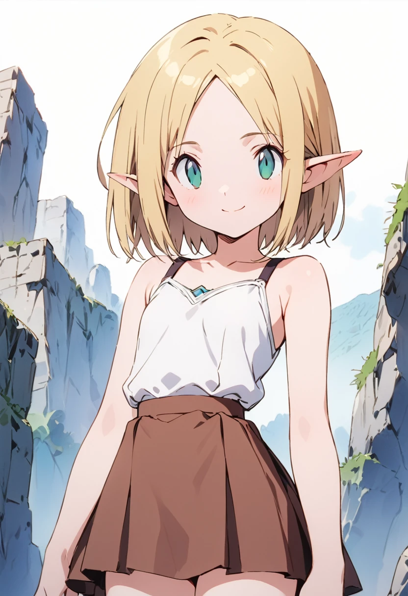 ((masterpiece,High resolution,Highest quality,8K,Detailed faces and anatomy))
(One ELF girl,quiet,10 years old,Blonde Bob Hair,No bangs,Wide forehead,Center Part,Beautiful hair quality,Transparent skin,Big green eyes,Petite,Small breasts,Slim body)
((White blouse,Brown Gored Skirt,Brown boots))smile,Close one eye