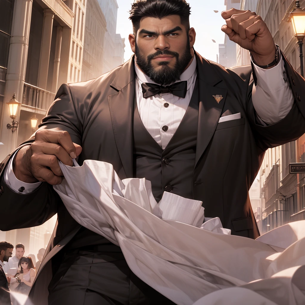 American man、dark skin color、big body、strong beard、Very large body、Very large muscles、wearing a black long-sleeved tuxedo、6 pack、Crisp face、Muscle Pose、detailed ??????、and draw the whole body、Bald head、Plump ??????、Lack of hair、Mouth kissing