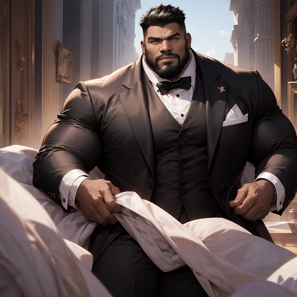 American man、dark skin color、big body、strong beard、Very large body、Very large muscles、wearing a black long-sleeved tuxedo、6 pack、Crisp face、Muscle Pose、detailed crotch、and draw the whole body、Bald head、Plump crotch、Lack of hair、Mouth kissing