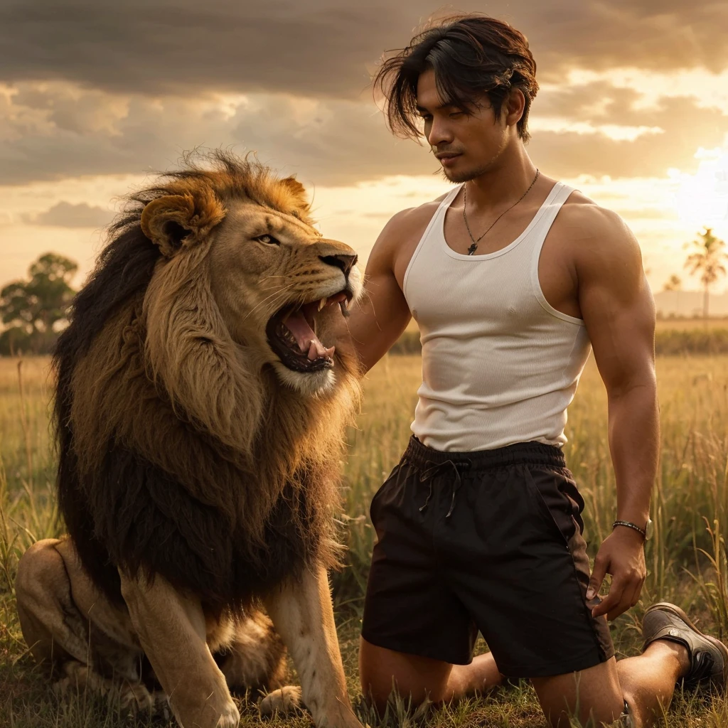 A handsome 30-year-old Indonesian man with layered hair, wearing a white singlet and black shorts, is playing with a male lion with sharp fangs. The background is a vast grassland during sunset