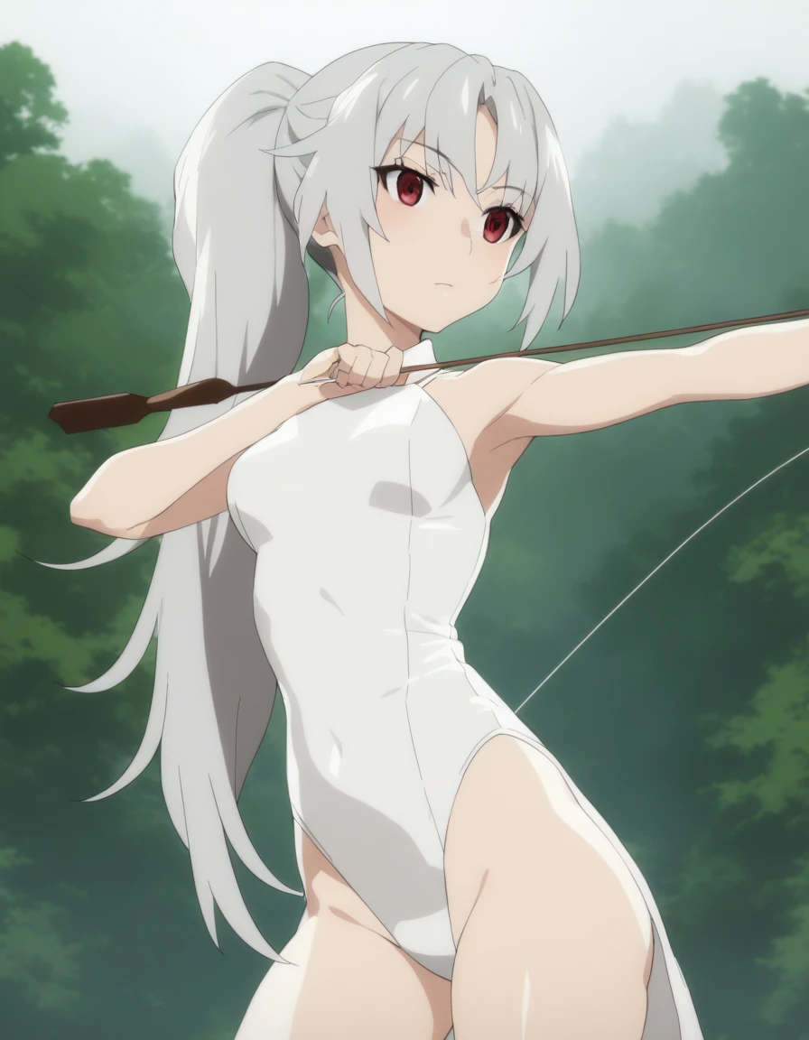 1 girl, windy forest background, shiny backlight,
battle scene, bowing arrow,
volumy long ponytail, silver hair, red eyes,
middle breasts, her hair is fluttering down,
white fantasic leotard outfit, white long loincloth,brown belts,
long Quiver of Arrows behind back,
strongly draw the bowstring
shooting arrow, holding bow,open legs,open thighs, arched back,
scerious, aiming, gazing,
cowboy shot, looking side,
masterpiece, best quality,
general,
rotated composition,
