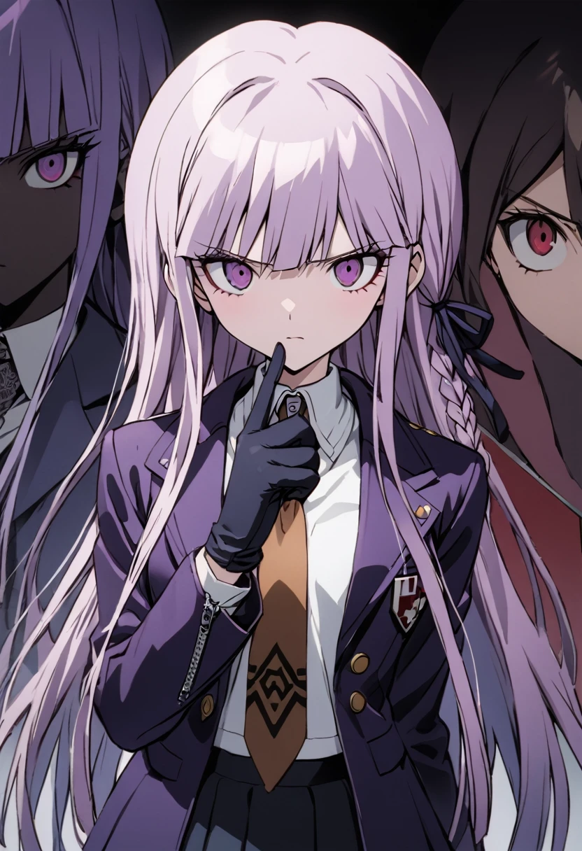 ((masterpiece,High resolution,Highest quality,8K,Detailed faces and anatomy))
(****************,Danganronpa,Kyouko Kirigiri,Purple Hair,Long Hair,Side braiding,Purple eyes,slender)(Black Ribbon,Black gloves,White collared shirt,Purple open jacket,Black pleated skirt,Brown tie,Printed necktie)Close one eye,Wink