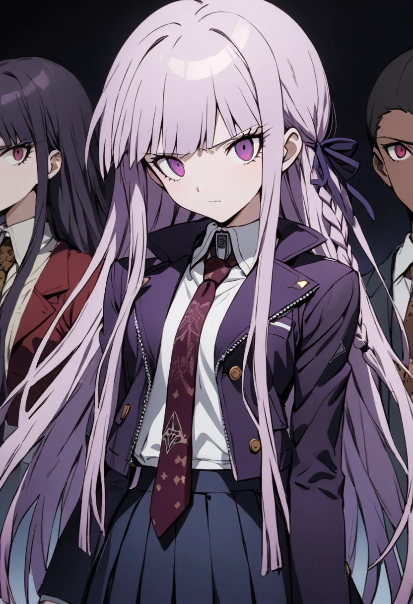 ((masterpiece,High resolution,Highest quality,8K,Detailed faces and anatomy))
(****************,Danganronpa,Kyouko Kirigiri,Purple Hair,Long Hair,Side braiding,Purple eyes,slender)(Black Ribbon,Black gloves,White collared shirt,Purple open jacket,Black pleated skirt,Brown tie,Printed necktie)Close one eye,Wink