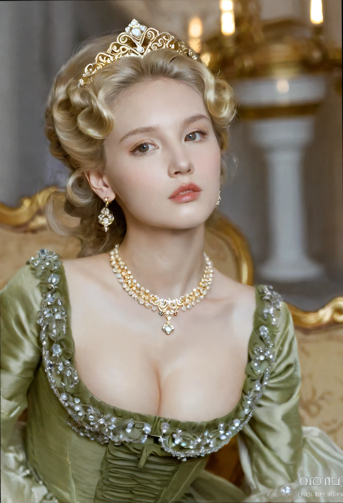 Close up shot , looking at viewer, Russian girl, 22 age old, (Blond hair, middle hair ,  wince, Gray eyes, beautiful lip,  serious),  gold crescent earrings, gold neckless, (big breasts, slender whist, wide hip) ,(Rococo 18the century dress) , (gold earing , peal neckless. tiara with Dimond),   Palace, in Moskva, textured skin , HI detailed skin, (foreshortening, Canon, UHD, anatomically correct,  super detail, high details, highness, 