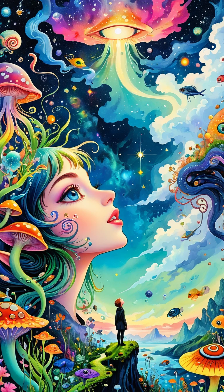 Psychedelic illustration, Color illustrations, Whimsical and psychedelic, Three-dimensional painting。The elf looking up at the sky,,Artists from the stars,Colorful black,A world of color,Dopamine,mouth,A cloud、snails、iris、fish、Tentacles、bird、Eye、diatom,Abstract mosaic painting,Describing the inner world of autism,Sense of space,White Space,interesting,Innocence,Psychedelic Art,Black overall