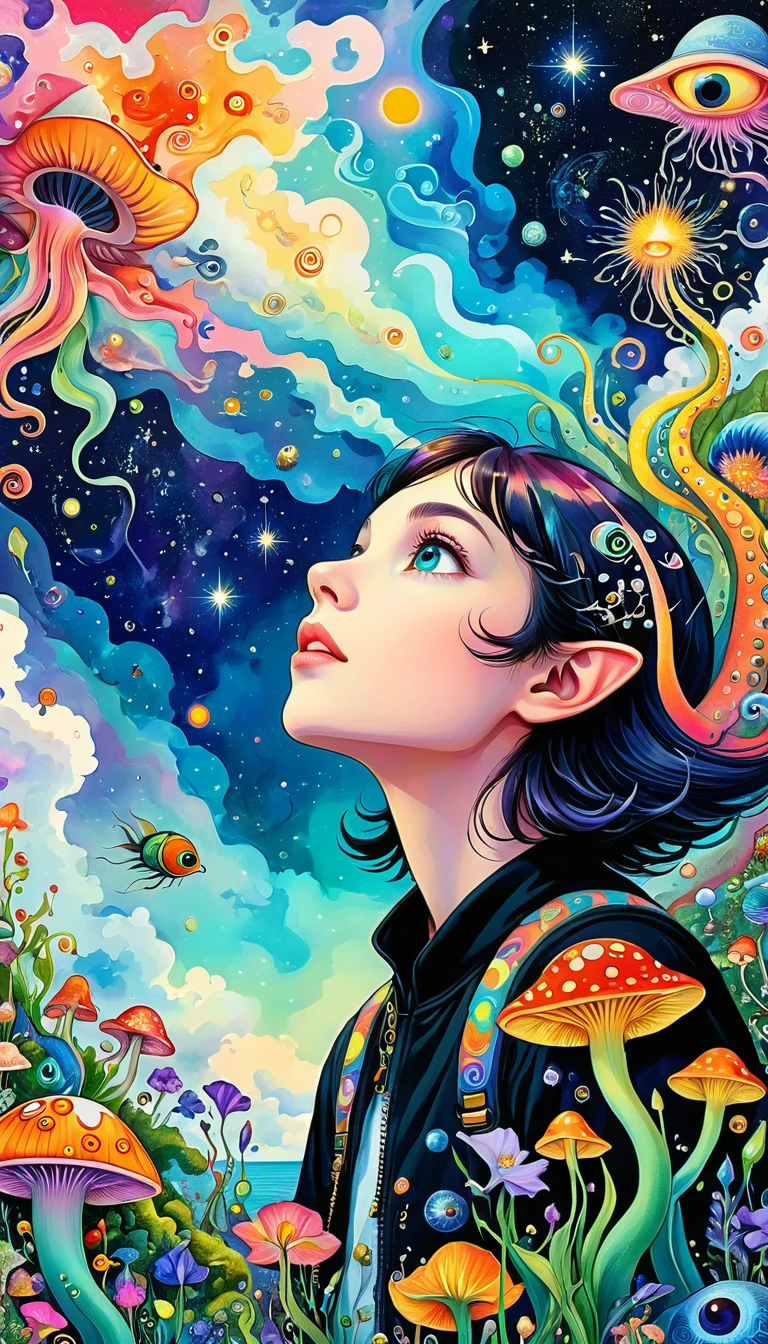 Psychedelic illustration, Color illustrations, Whimsical and psychedelic, Three-dimensional painting。The elf looking up at the sky,,Artists from the stars,Colorful black,A world of color,Dopamine,mouth,A cloud、snails、iris、fish、Tentacles、bird、Eye、diatom,Abstract mosaic painting,Describing the inner world of autism,Sense of space,White Space,interesting,Innocence,Psychedelic Art,Black overall