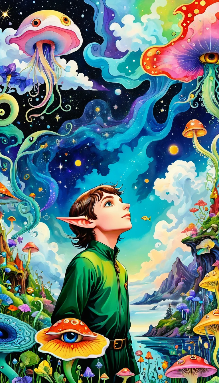 Psychedelic illustration, Color illustrations, Whimsical and psychedelic, Three-dimensional painting。The elf looking up at the sky,,Artists from the stars,Colorful black,A world of color,Dopamine,mouth,A cloud、snails、iris、fish、Tentacles、bird、Eye、diatom,Abstract mosaic painting,Describing the inner world of autism,Sense of space,White Space,interesting,Innocence,Psychedelic Art,Black overall
