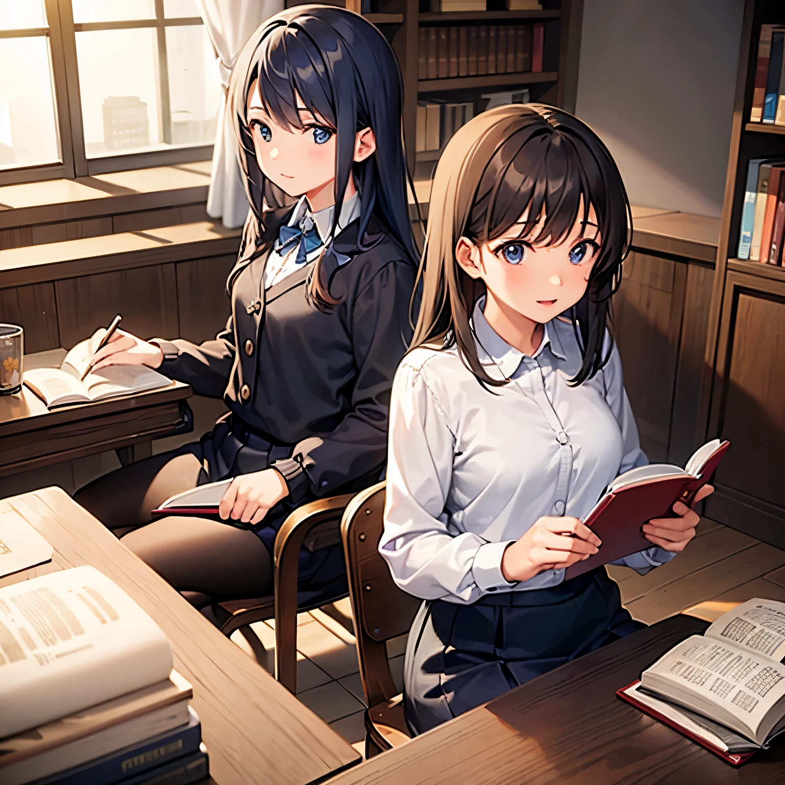 Two girls studying together while sitting at different desks and looking at books, The atmosphere in the house is well organized and feels warm and comfortable.