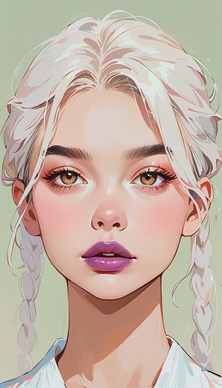 (masterpiece、Highest quality: 1.2)、1 girl、Lonely、Anime Style、Black Hair、Purple lips、Pigtails、Braid、In the style of a leading portraitist、Gray background。