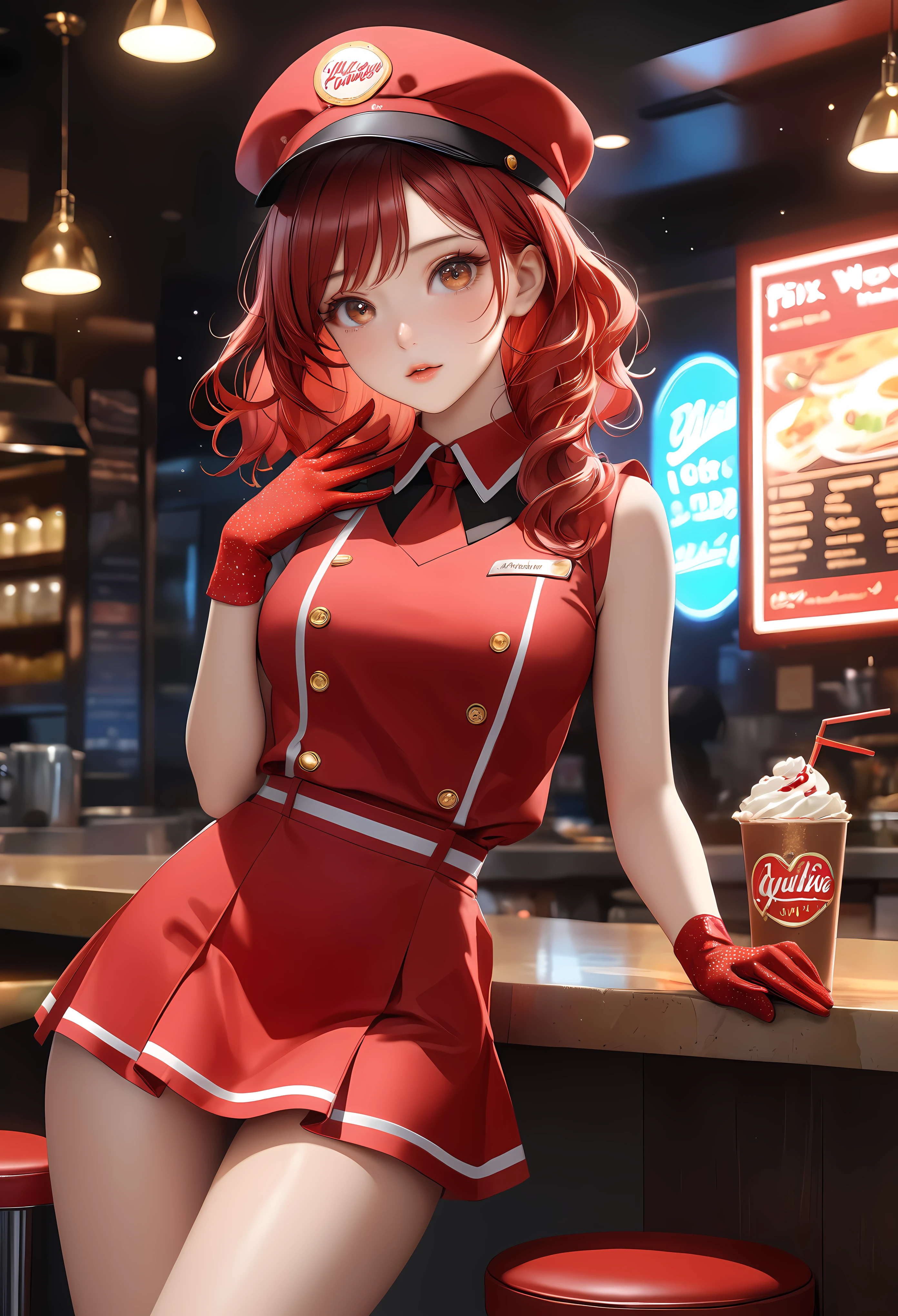 a beautiful fast food worker with bright brunette hair,freckles skin,detailed facial features,cute fast food waiter uniform,fast food worker hat,cutre pose,aesthetic fast food restaurant,neon light,fast food menu,delicious dessert,supermodel beauty,aquiline nose,best quality,8k,highres,masterpiece:1.2,ultra-detailed,realistic,photorealistic,photo-realistic:1.37,HDR,UHD,neon lighting,warm restaurant room,ultra-fine painting,sharp focus,physically-based rendering,extreme detail description,professional,vivid colors,bokeh,portrait | Rendered in ultra-high definition with UHD and retina quality, this masterpiece ensures anatomical correctness and textured skin with super detail. With a focus on high quality and accuracy, this award-winning portrayal captures every nuance in stunning 16k resolution, immersing viewers in its lifelike depiction. | ((pretty wavey red hair):1.1), ((fancy handgloves):1.1) | (((anatomical correctness))), (((perfect_fingers))), (((perfect_legs))), (((perfect_hands))), ((perfect_composition, perfect_design, perfect_layout, perfect_detail, ultra_detailed)), ((enhance_all, fix_everything)), More Detail, Enhance.