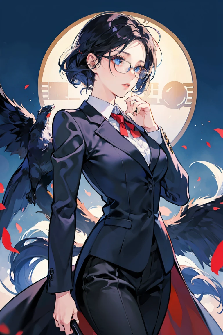 anime - (masterpiece), best quality, seductive eyes, cute face, dark blue eyes, middle length dark hair, business suit, rounded glasses, tall woman, long legs, adult-like female, 1girl, medium sized breast, school background