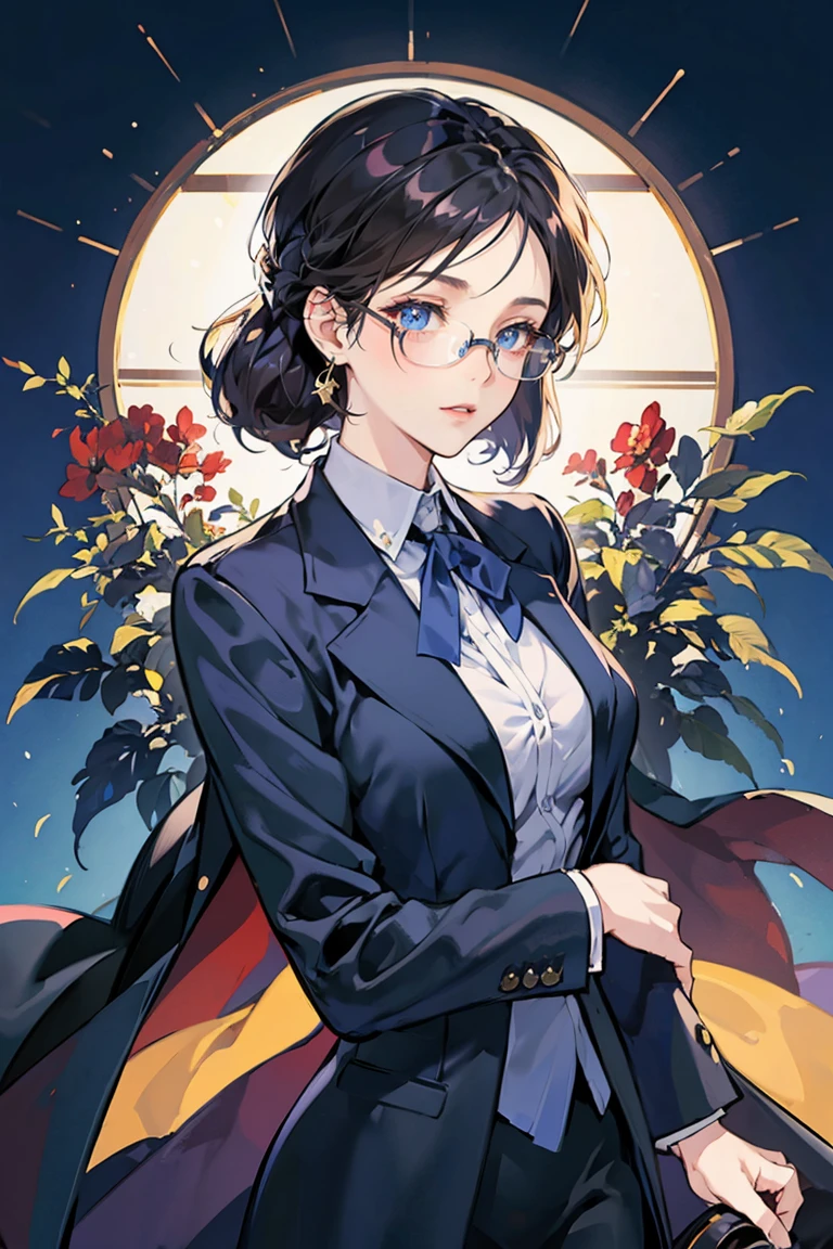 anime - (masterpiece), best quality, seductive eyes, cute face, dark blue eyes, middle length dark hair, business suit, rounded glasses, tall woman, long legs, adult-like female, 1girl, medium sized breast, school background