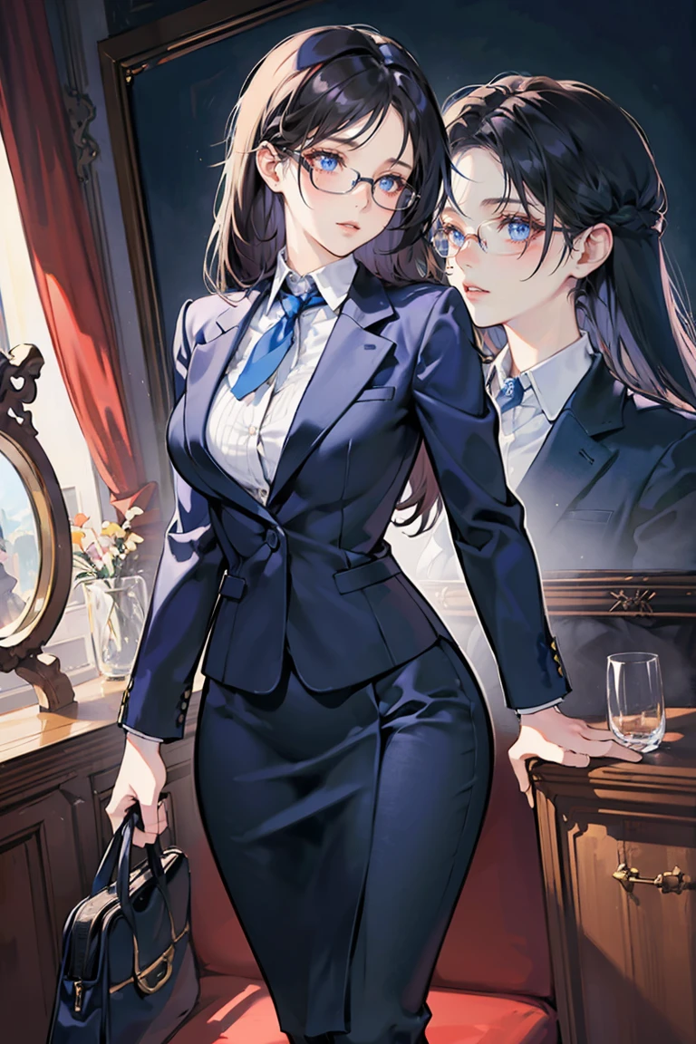 anime - (masterpiece), best quality, seductive eyes, cute face, dark blue eyes, middle length dark hair, business suit, rounded glasses, tall woman, long legs, adult-like female, 1girl, medium sized breast, school background
