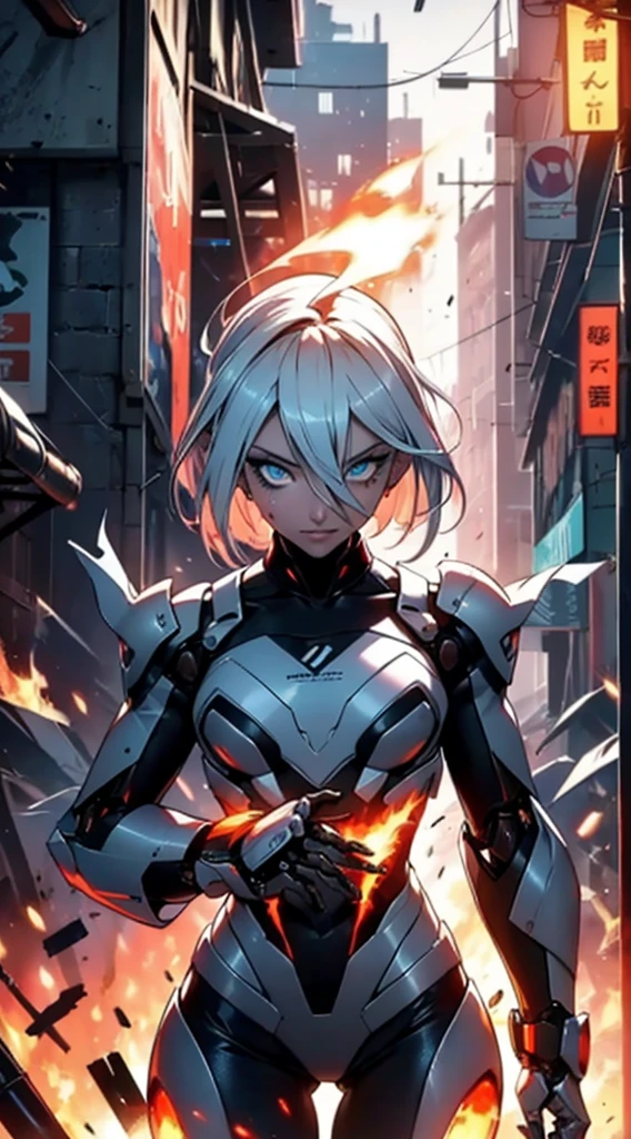 (mechanical parts:1.5),fighting , glowing eyes, short hair,torn tight supersuit, in a destroyed city, smoke and fire, glowing power aura, dynamic pose, dynamic view