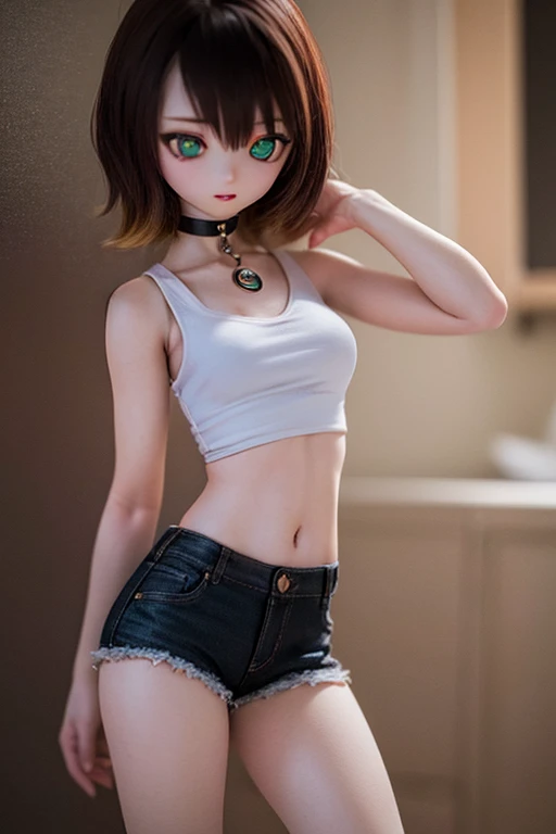 (SFW:2), photorealistic, realistic photo, 8k, ((highest quality)), ((masterpiece)), (extremely detailed), kukolnydom, doll, (female, yo, 17.6), solo, ((cowboy shot, standing, medium breasts, tank top, navel, hot pants, choker)), (parted lips, green eyes, brown hair, plastic skin, looking at another, glass eyes, gradient eyes, shining eyes, detailed eyes:1.3)