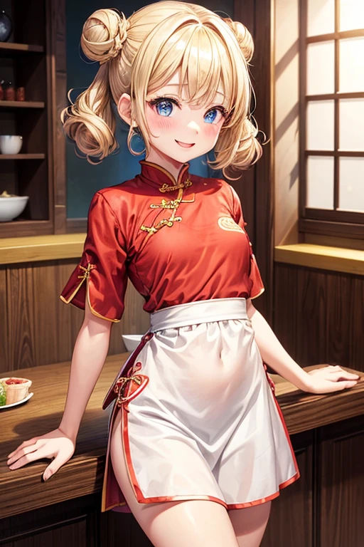 One girl,waitress,Blonde,Twin tails,Bun hairstyle,Curly Hair,short hair,Red Chinese clothing,Blue Eyes,blush,Mouth wide open,A very happy smile,Energetic girl,Girl with small,Small breasted girl,Small Girls,,flat chest,Chinese restaurant,Flat ,Gorgeous interior