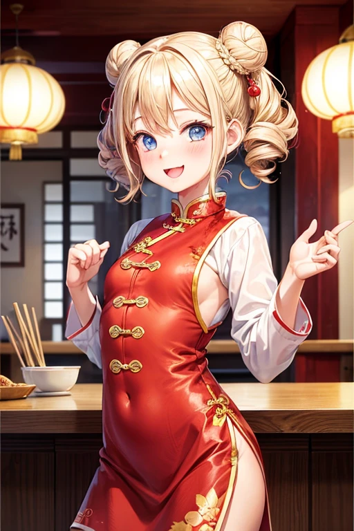 One girl,waitress,Blonde,Twin tails,Bun hairstyle,Curly Hair,short hair,Red Chinese clothing,apron,Blue Eyes,blush,Mouth wide open,A very happy smile,Energetic girl,Girl with small,Small breasted girl,Small  Girls,,flat chest,Chinese restaurant,Gorgeous