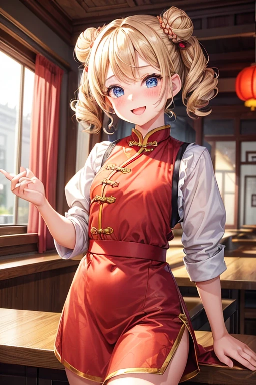 One girl,waitress,Blonde,Twin tails,Bun hairstyle,Curly Hair,short hair,Red Chinese clothing,Blue Eyes,blush,Mouth wide open,A very happy smile,Energetic girl,Girl with small,Small breasted girl,Small  Girls,,flat chest,Chinese restaurant,Flat ,Gorgeous interior