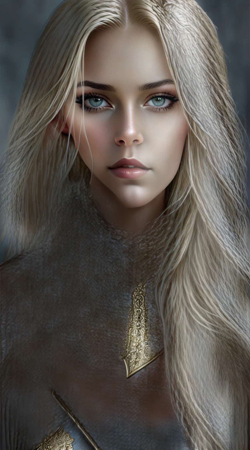 a woman with long blonde hair wearing a leather outfit, fantasy concept art portrait, awesome character art, epic fantasy art portrait, portrait gentleman woman, detailed matte fantasy portrait, beautiful character painting, beautiful paladin woman, Exquisite and epic character art., detailed fantasy art, hyperrealistic fantasy art, fantasy portrait art, of a beautiful woman knight, fantasy paladin woman