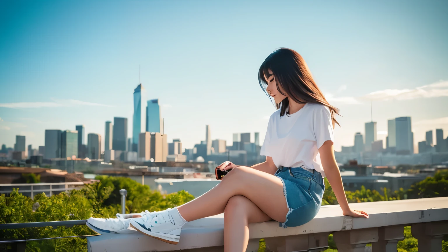 "An illustration of a young woman sitting on a vintage blue scooter near a railing, looking at the modern city skyline and green hills in the background. The woman is wearing a white T-shirt, brown shorts, and white socks, with her hair flowing in the wind. The text 'Chill Music' and an image of a vinyl record are displayed at the top left corner, suggesting a relaxing music playlist. The image has a retro, anime-inspired art style and evokes a serene and peaceful atmosphere."