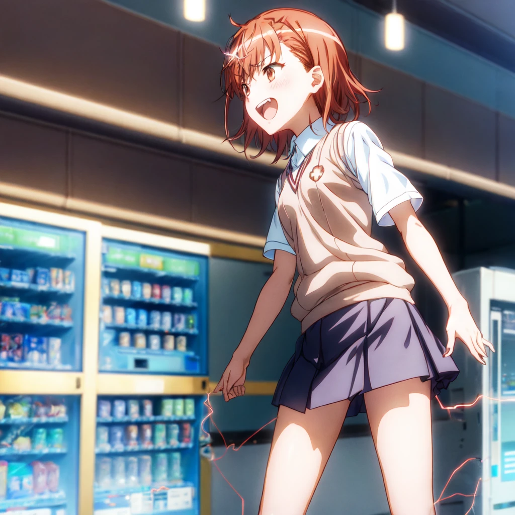 superior_Mikoto, One Girl, alone, School_uniform, tokiwadai_School_uniform, smile,sweater_Best, masterpiece,Electric current is flowing through the body,skirt, brown_sweater_Best,Laughter、Schools、A girl wearing electric shocks,Blitzkrieg,vending machine