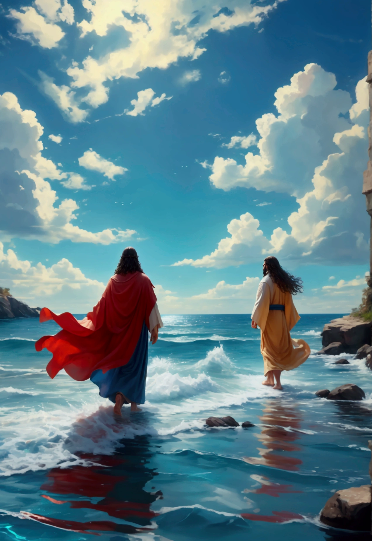 JesusChrist, Walking on the water, hyper realist, 8K, detailded.