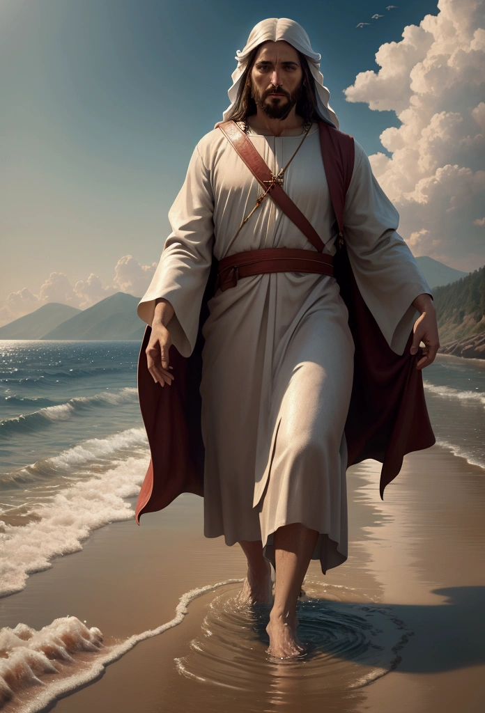 JesusChrist, Walking on the water, hyper realist, 8K, detailded.