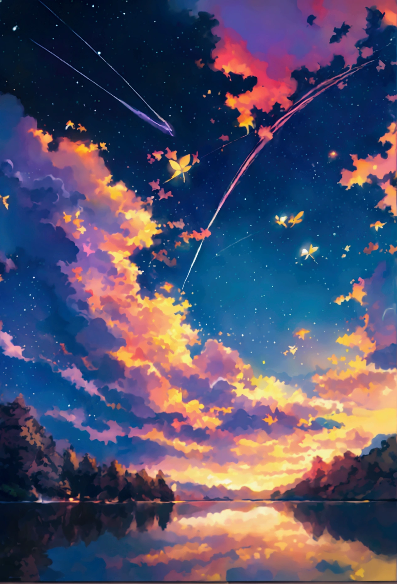 masterpiece、Highest quality、Best image quality、8K quality、、Beautiful starry sky illustration、Two beautiful shooting stars、Fantastic、lake、Lots of fireflies、