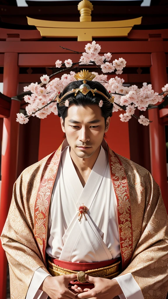 Illustrate a royal king in traditional Japanese attire with a crown incorporating Shinto symbols like the Torii gate and sakura blossoms. The background should include Shinto shrines and natural elements.