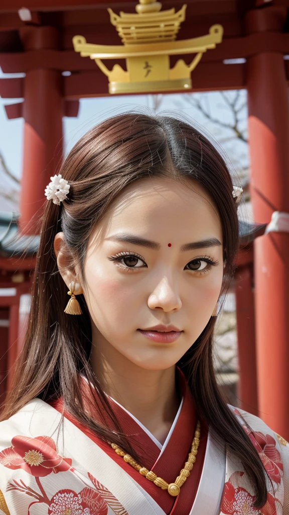 Illustrate a royal king in traditional Japanese attire with a crown incorporating Shinto symbols like the Torii gate and sakura blossoms. The background should include Shinto shrines and natural elements.